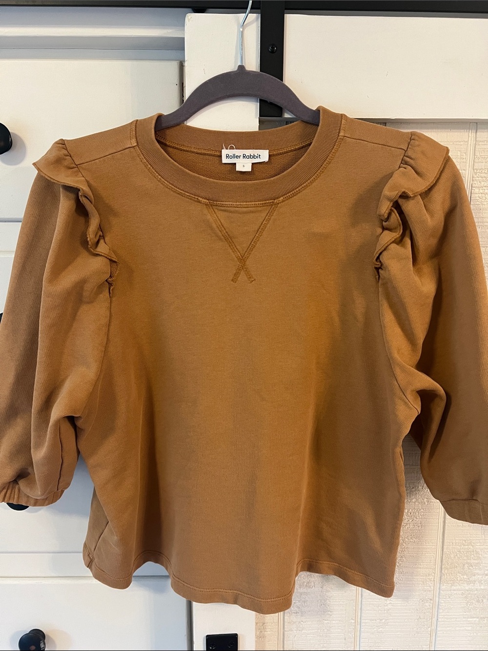 Roller Rabbit Mustard Brown Ruffle Sleeve Sweatshirt - Picture 1 of 7